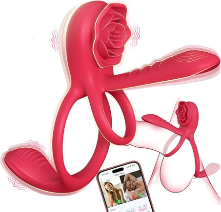 Vibrating Cock Ring Penis Sleeve with Rose Clitoral Stimulator, App Remote Control