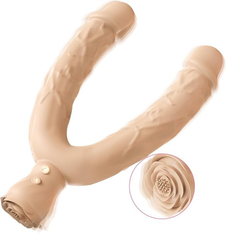Feoya 3-in-1 Dual-End Vibrating Dildo with Rose Clitoral Stimulator